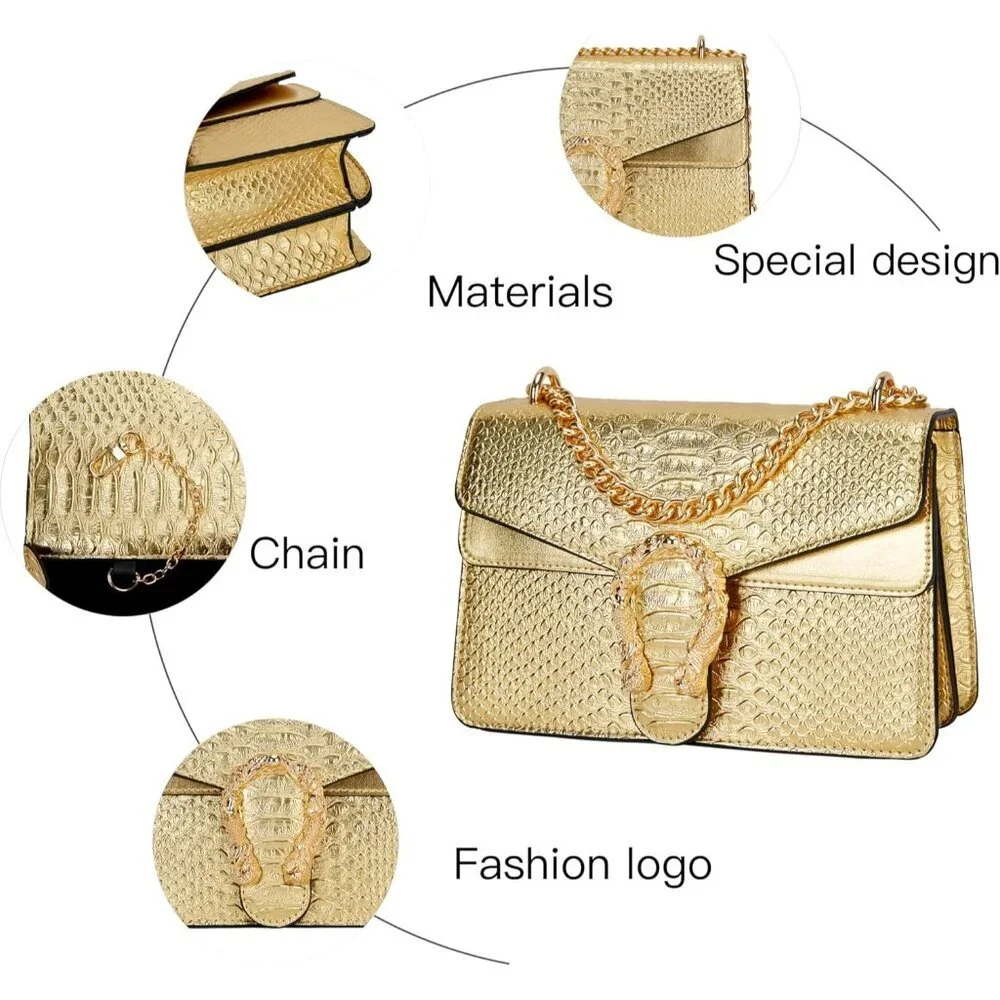 ⚡ Women's Leather Vintage Snake Print Crossbody Gold Square Satchel Handbag